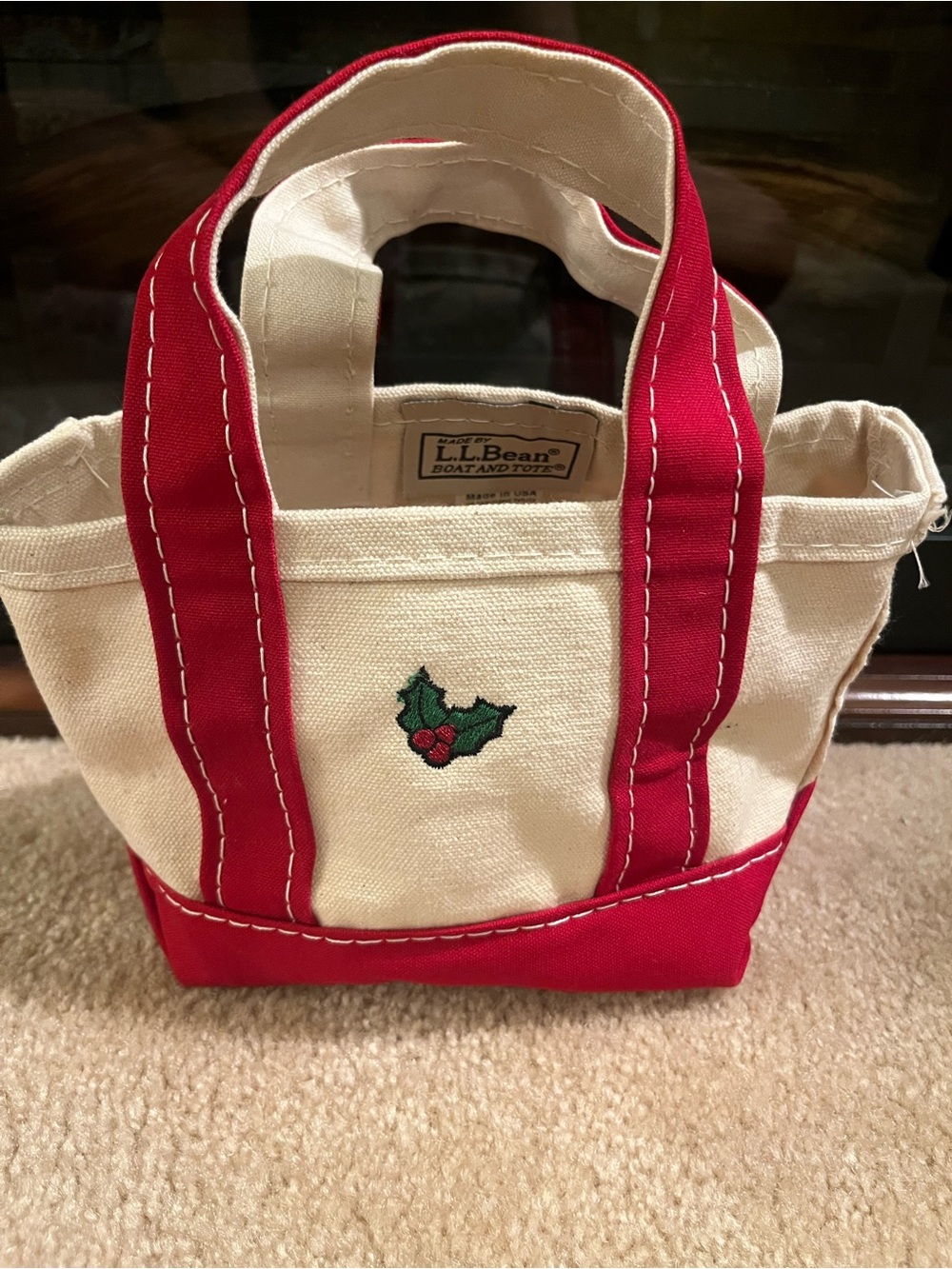 VTG LL Bean USA Boat & Tote Mini Canvas Holiday Christmas Bag with Holly Cute!